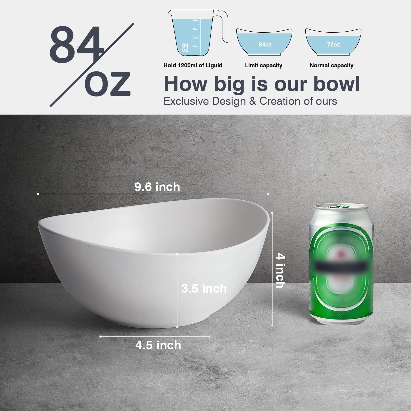 ECOHAGOU 9.6'' Serving Bowls, 84oz Bamboo Fiber Salad Bowl Set of 4, Deep Serving Bowls Set, Large Oval Individual Bowls for Eating Salad/Pasta/Cereal/Pho, Ideal for Home & Restaurant (Matte White)