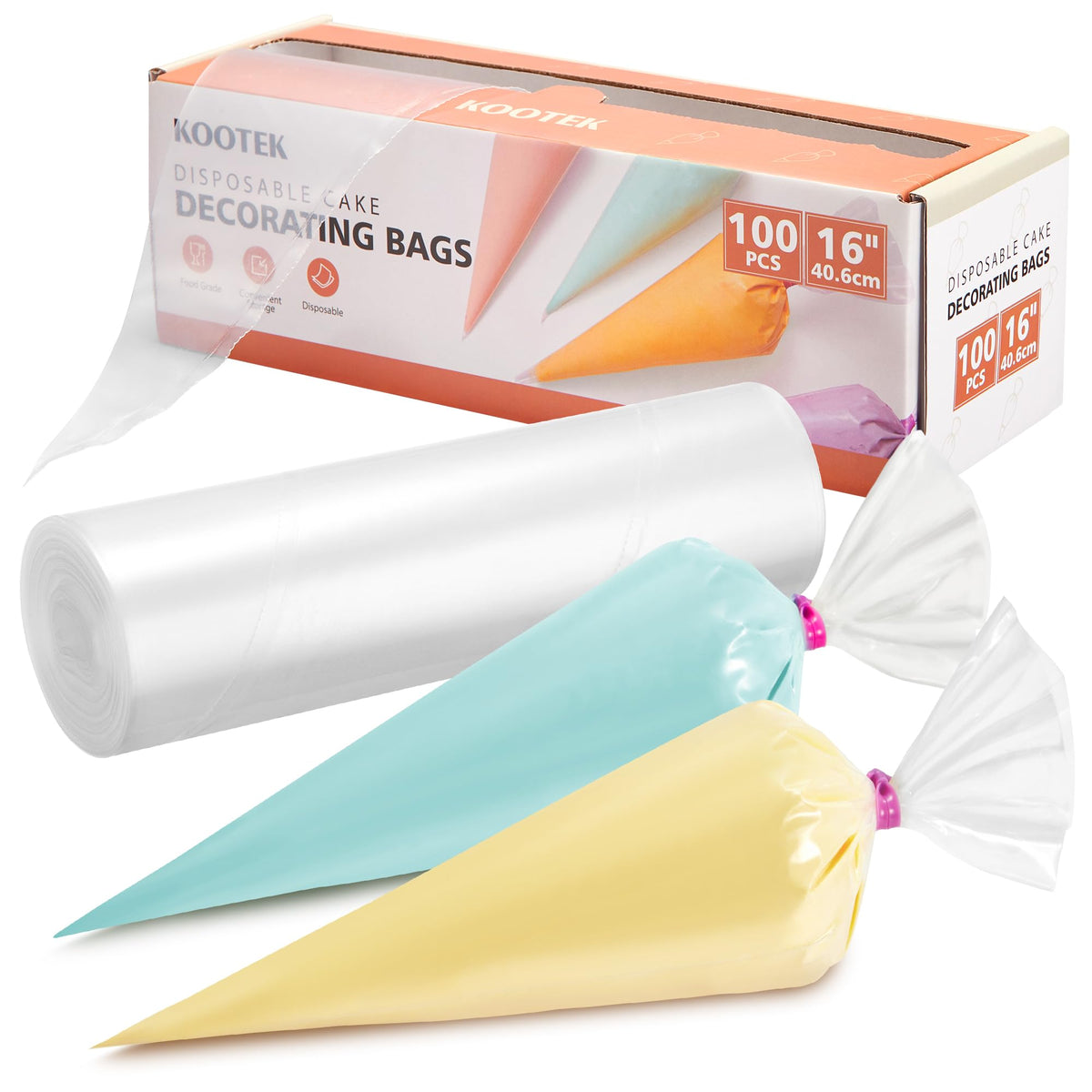 Kootek Piping Bags, Disposable Pastry Icing Bags 16 Inch, 100 Pcs Large