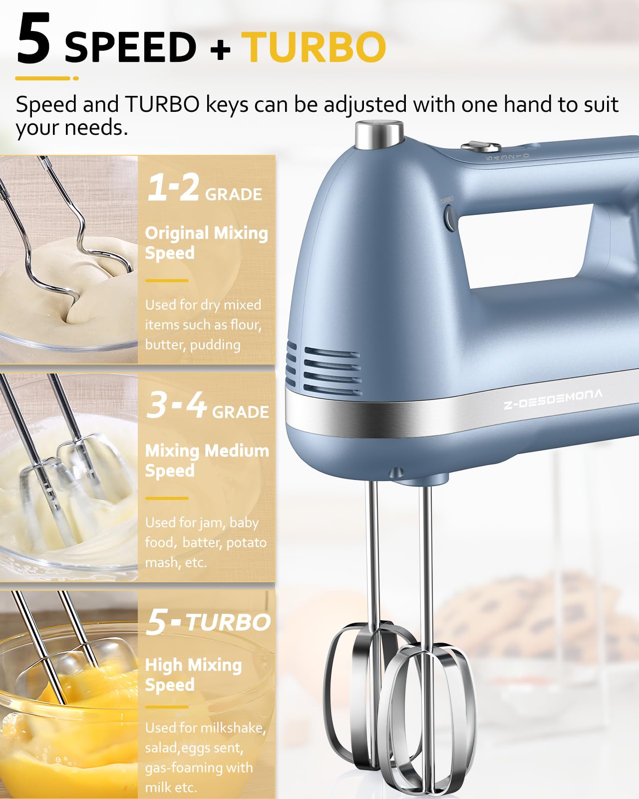 Z-DESDEMONA Electric Hand Mixer, Powerful Hand Mixer Electric Handheld with 304 Beaters, Dough Hook, Whisk, Hand Held Mixer with Turbo for Baking Cakes, Eggs, Cream Food(Blue)