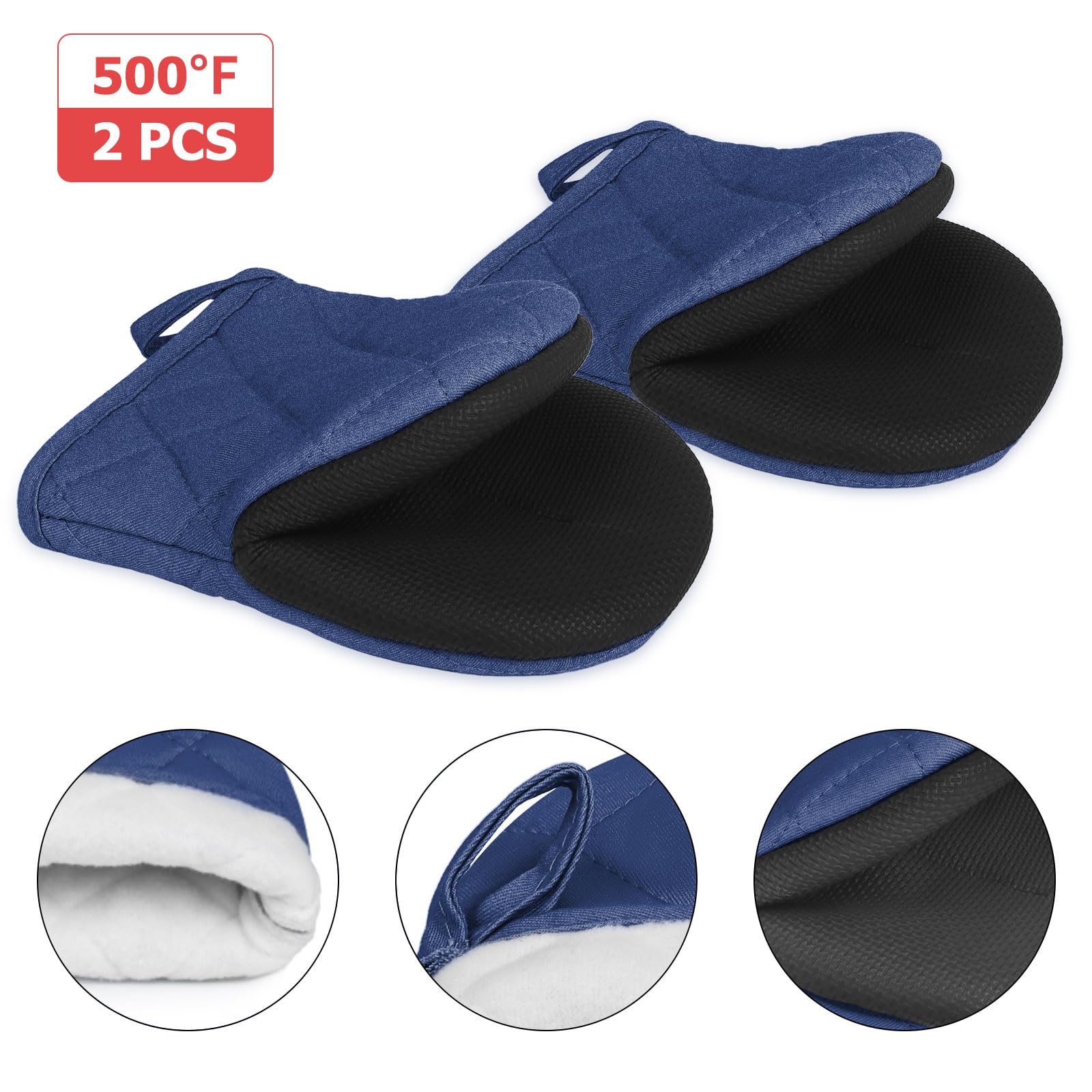 Short Oven Mitts, Heat Resistant 500°F, Silicone Grip Kitchen Gloves, Non-Slip for Baking, Grilling, BBQ, Machine Washable with Hanging Loop, 2-Pack Set, Denim Blue