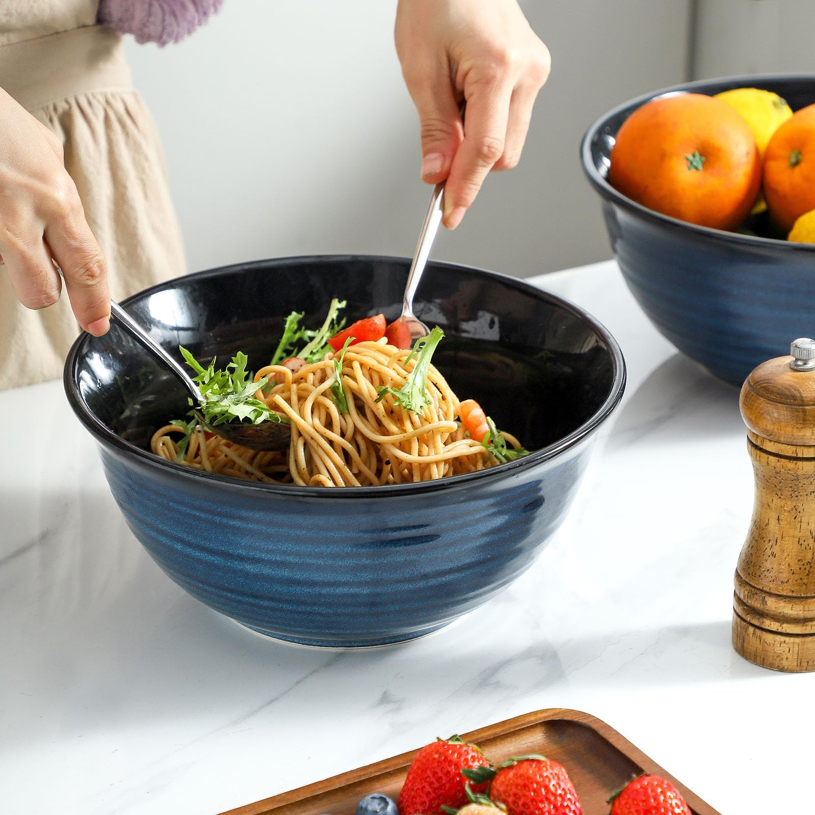 MEKY Serving Bowls, 84 Ounce Mixing Bowl Set of 2, 9 Inch Large Ceramic Salad Bowls for Kitchen, Perfect for Cooking Baking Soup Pasta Fruit and Popcorn, Microwave and Dishwasher Safe, Blue