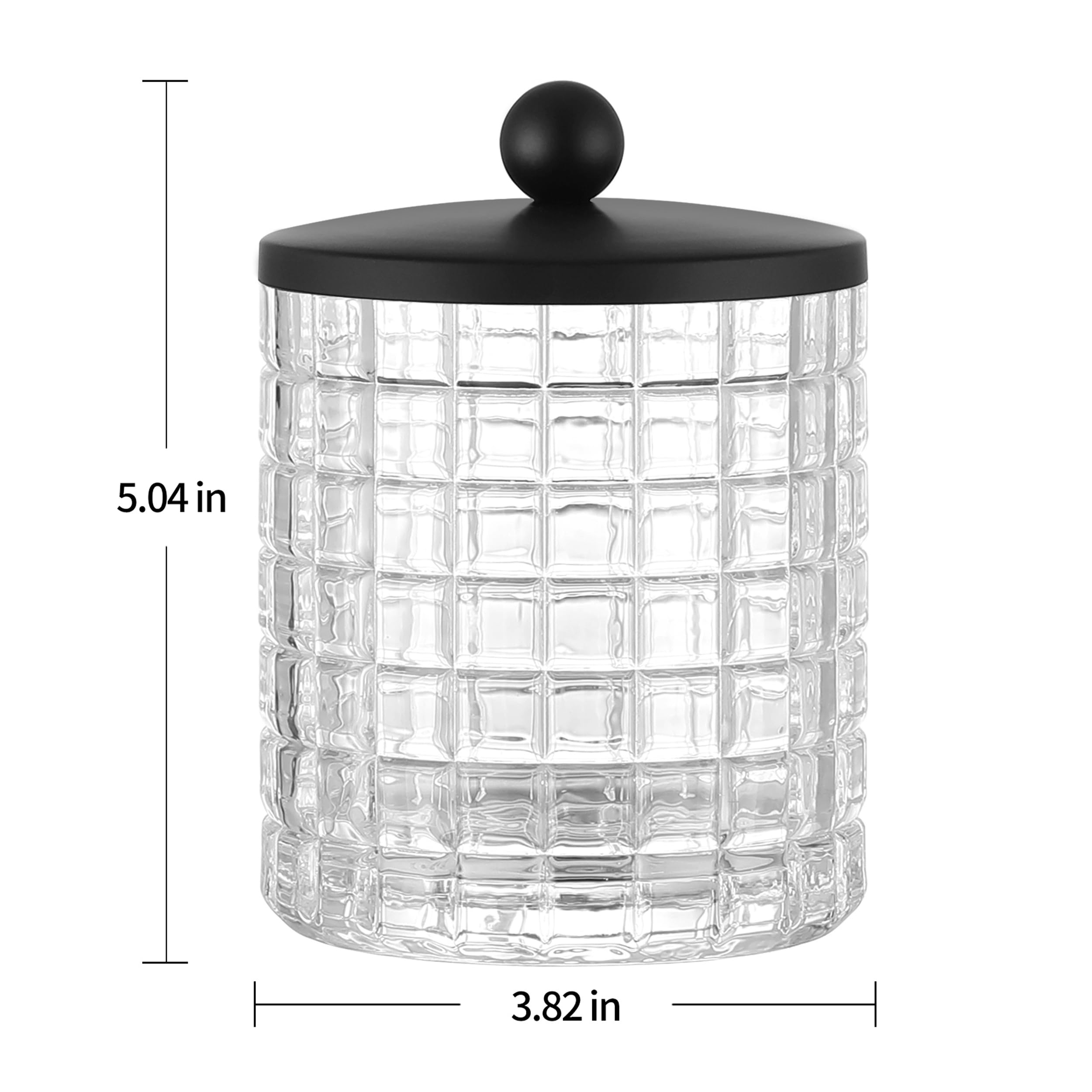 Indecor Home Glass Cotton Jar Holder Matte Black Lid, Elegant Bathroom Storage Canister for Qtips, Cotton Balls, Floss, Makeup Organizer, Vanity Bathroom Organization