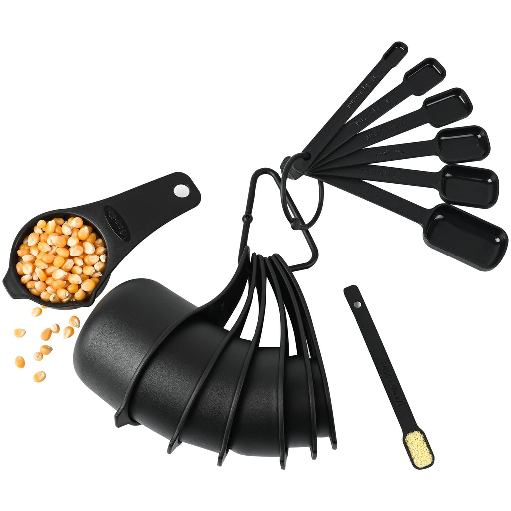 Kalsreui Measuring Cups and Spoons Set 15, 7 Plastic Measuring Cup Spoon Set, 7 Spice Long Handle Measuring Spoons with 1 Leveler for Kitchen and Baking, Dry Metric Measure Cups & Spoons Black