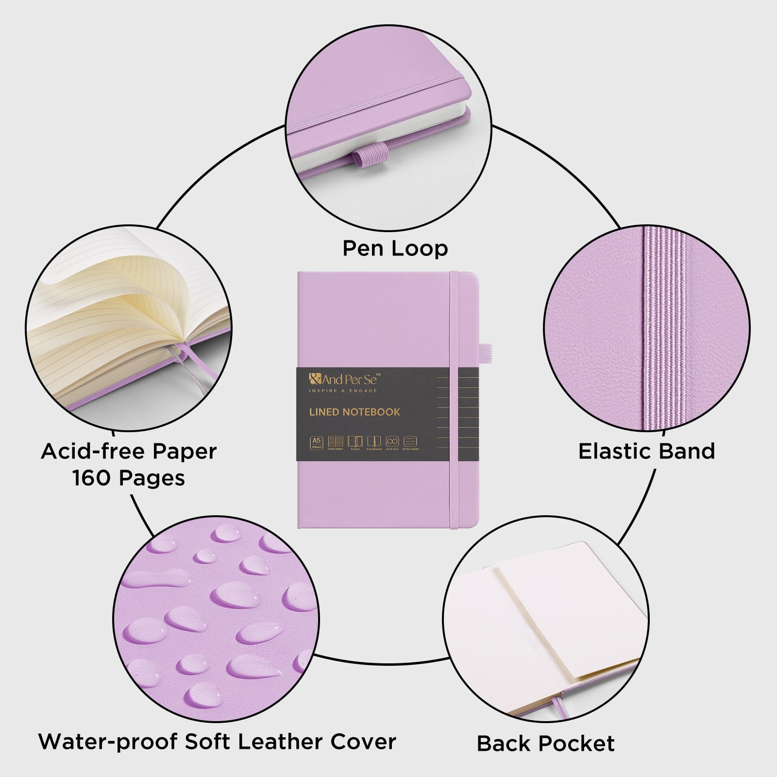 &And Per Se Lined Journal Notebook, 160 Pages, A5 5.7 x 8 inches College Ruled Thick Paper Notebook Journals for Writing, Hardcover Notebooks for Women Men Office School (1 Pack, Lavender)