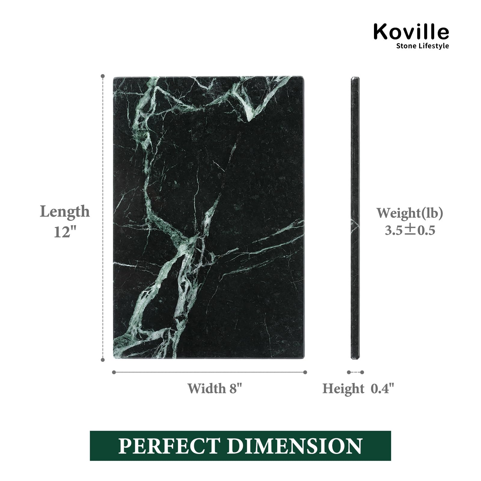 Koville Natural Green Marble Cutting Board for Kitchen Pastry Bread Macaron Display, 12" x 8" Real Stone Slab Marble Cheese Board for Home Countertop, Bathroom Perfume Tray Candle Plate