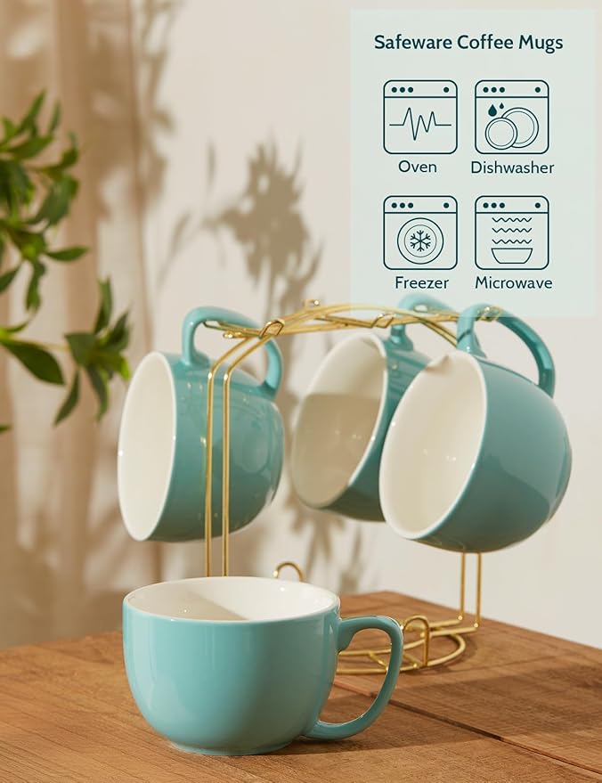 Teocera Turquoise Coffee Mugs Set of 4, 16 oz Ceramic Coffee Mug, Large Mug Set with Handle for Cold or Hot Drinks like Cocoa, Milk, Latte, Fruit Cereal, Long-lasting Porcelain with Modern Design