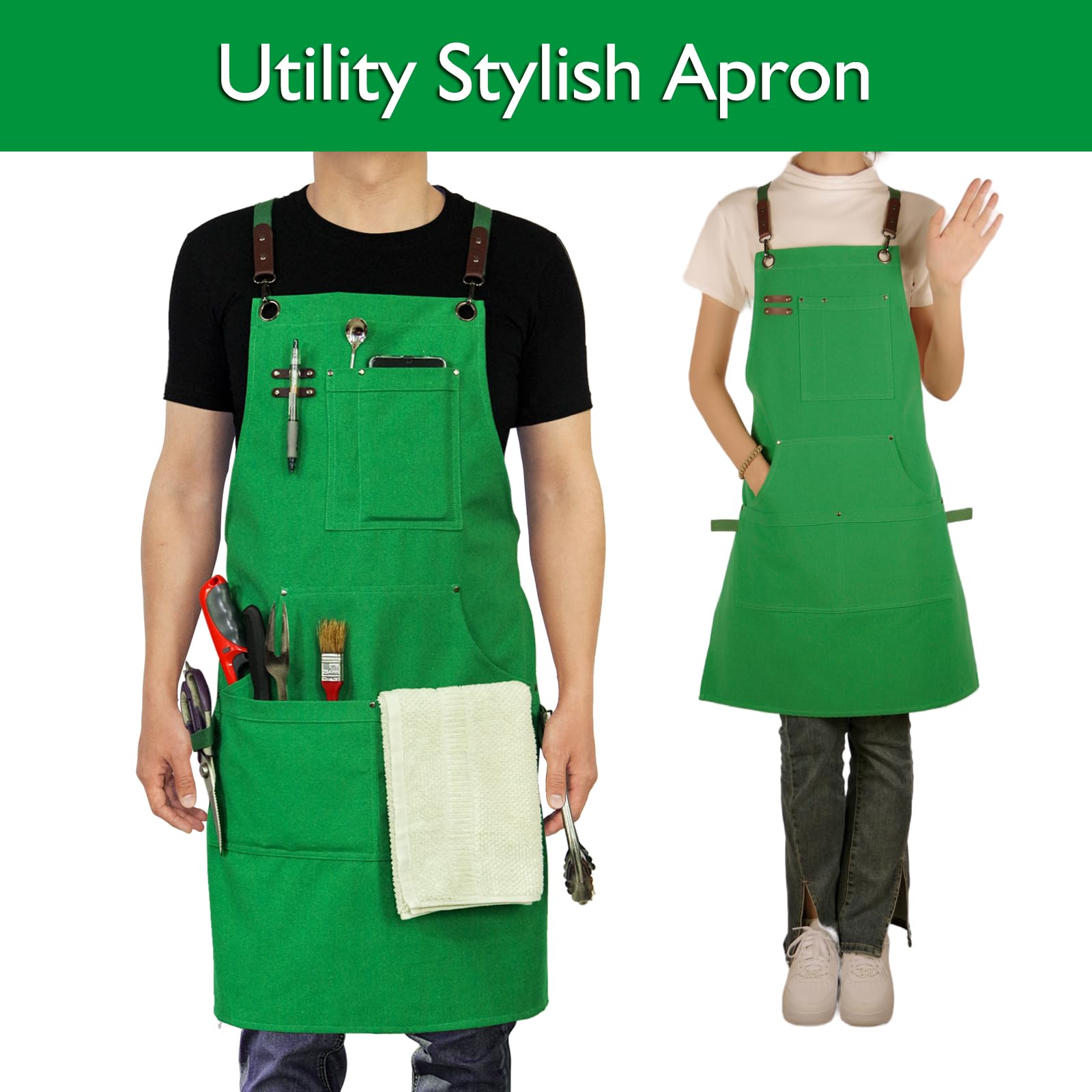 Stenffy Kitchen Apron, Work Apron, Canvas Apron, Green