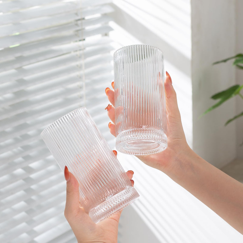 POLIDREAM Ribbed Glass Cups Set, 390ml Vintage Drinking Glassware Set of 4, Cocktail Glasses, Low Ball Ribbed Glassware, Mixed Glassware Set, Premium Whiskey Glasses, Ideal for House of Glass