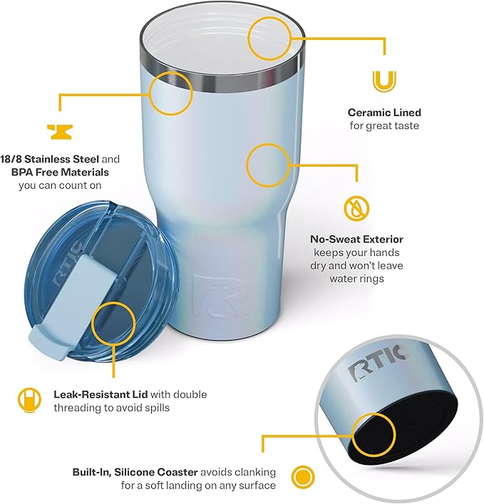 RTIC 30oz Essential Tumbler with Lid, Insulated, Stainless Steel, Metal, Double Wall Vacuum-Insulation, Ceramic Lined, Travel Cup for Iced Coffee, Tea, Hot and Cold Drink, RTIC Ice Glitter