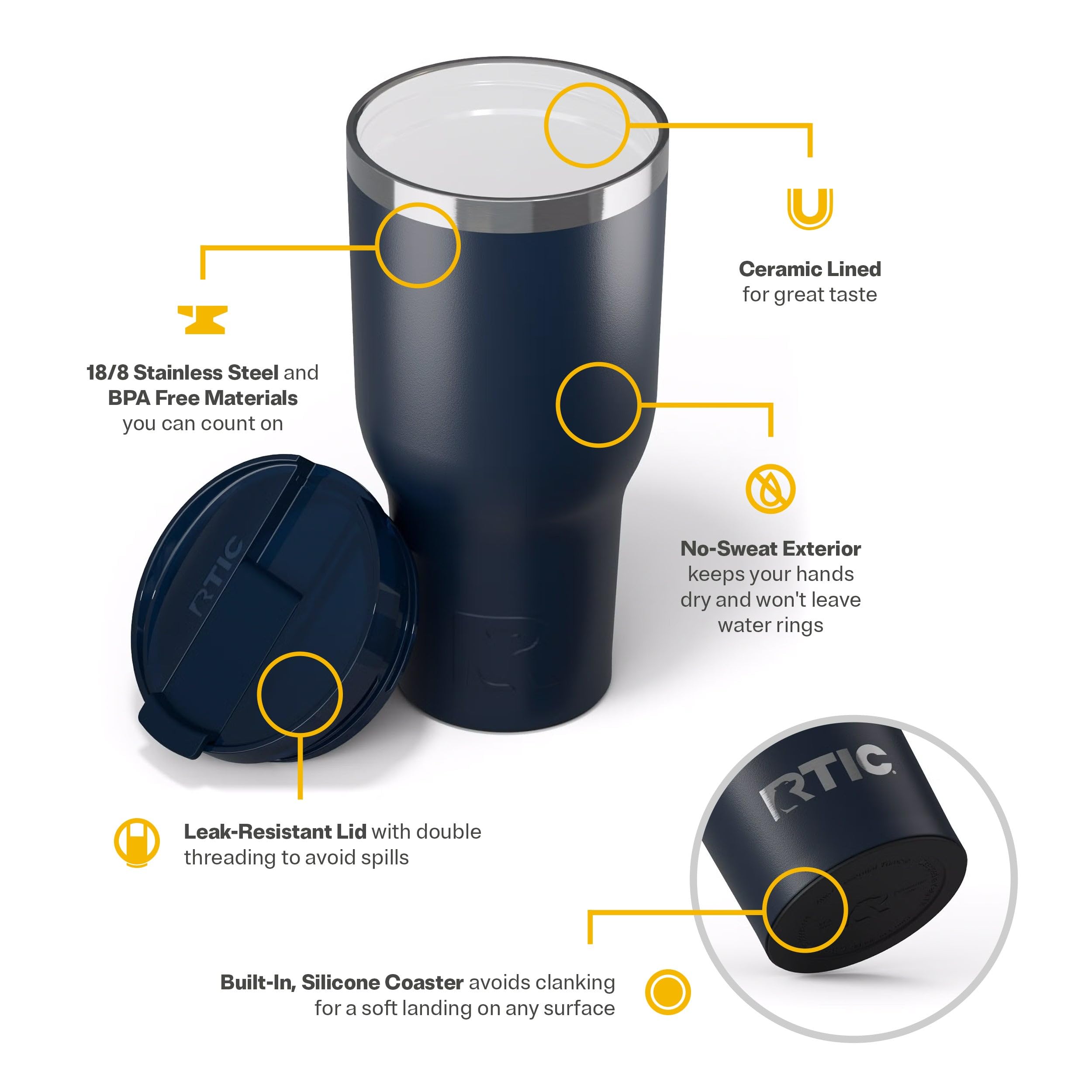 RTIC 40oz Essential Tumbler with Lid, Ceramic Lined, Navy