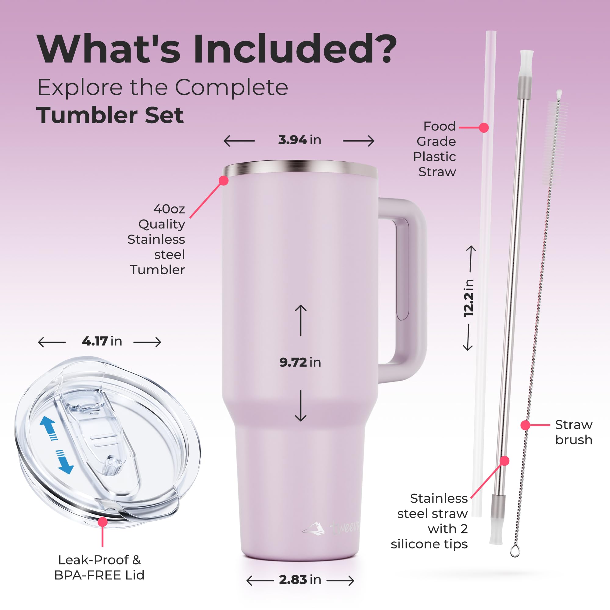 tweevo 40 oz Tumbler With Handle and Straw Made of Stainless Steel - Double Wall Vacuum Insulated Tumbler With Lid - Sweat Proof Easy Grip, BPA-Free, Dishwasher Safe Tumbler (Orchid)
