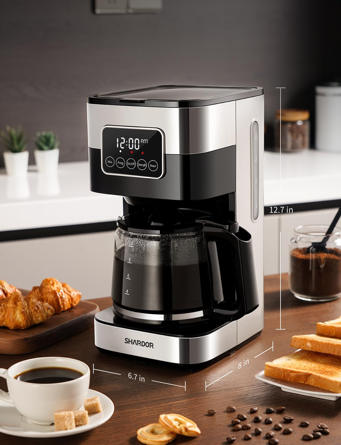 SHARDOR 10-Cup Programmable Coffee Maker, Regular & Strong Brew Drip Coffee Machine for Home and Office, Auto Shut Off, Permanent Filter, Silver
