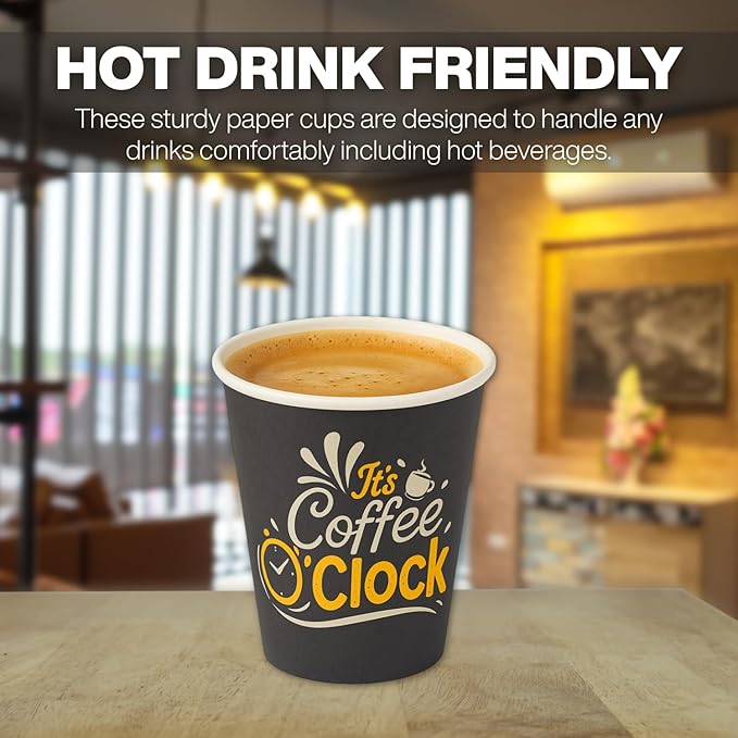 Smygoods Disposable Coffee Cups, To Go Paper Hot Cups, Coffee O'Clock Design (12 OZ, 50 Count) For Hot Beverages, Coffee, Tea, Espresso, Cocoa - Vasos Para Cafe