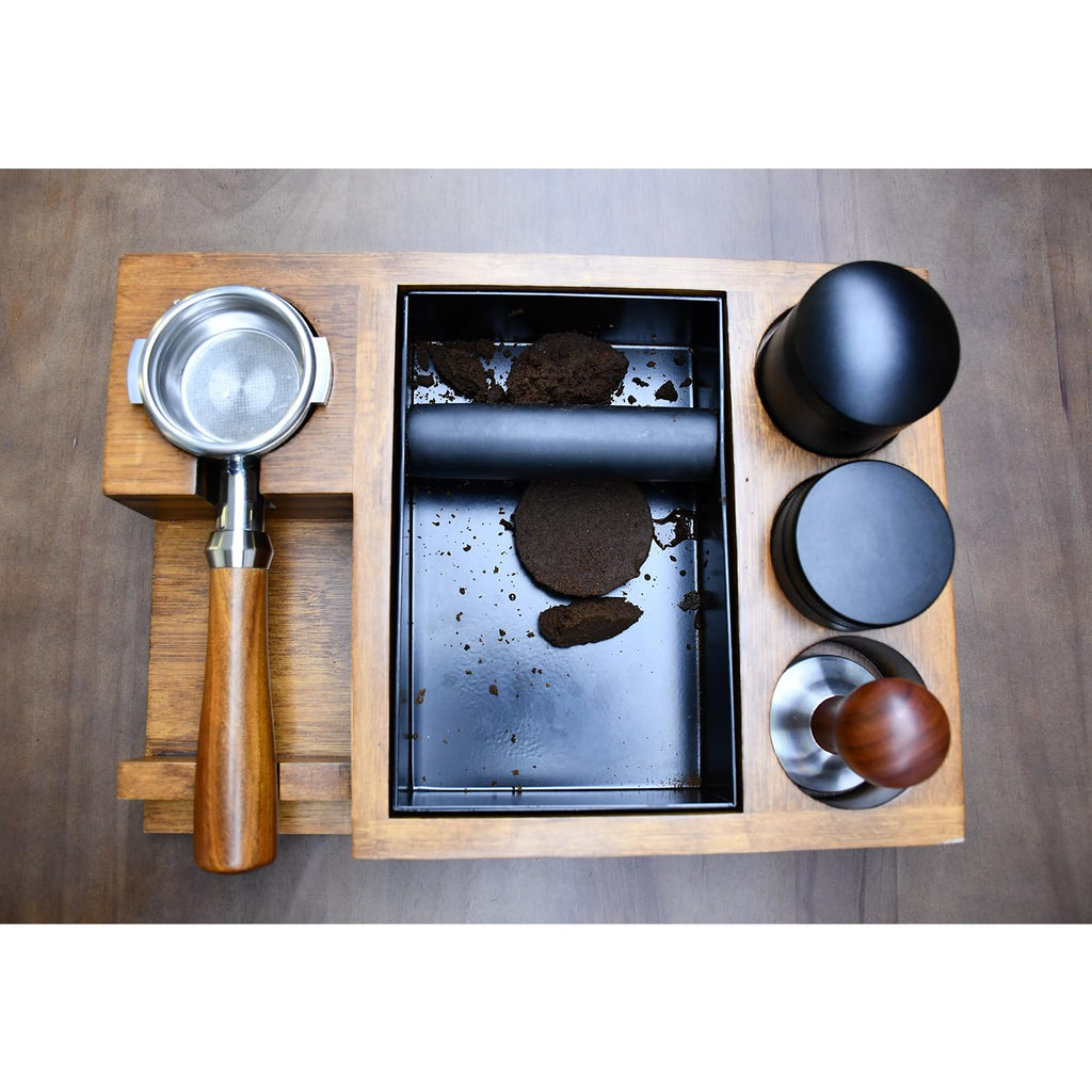 NAVREX 13.4'' Large Espresso Knock Box and Tamping Station, Solid Wood Espresso Accessories Organizer Box for 51MM-58MM Tamper, Distributor, Portafilter, High-Capacity Coffee Organizer