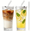 hosck 2 Pack Iced Coffee Cups with Lids, 20oz Clear Glass Tumbler with Straw and Lid, Dishwasher Safe & Leak Proof Drinking Glasses Set, Stylish Ribbed Glass Cups for Coffee Juice Tea Matcha Cocktail