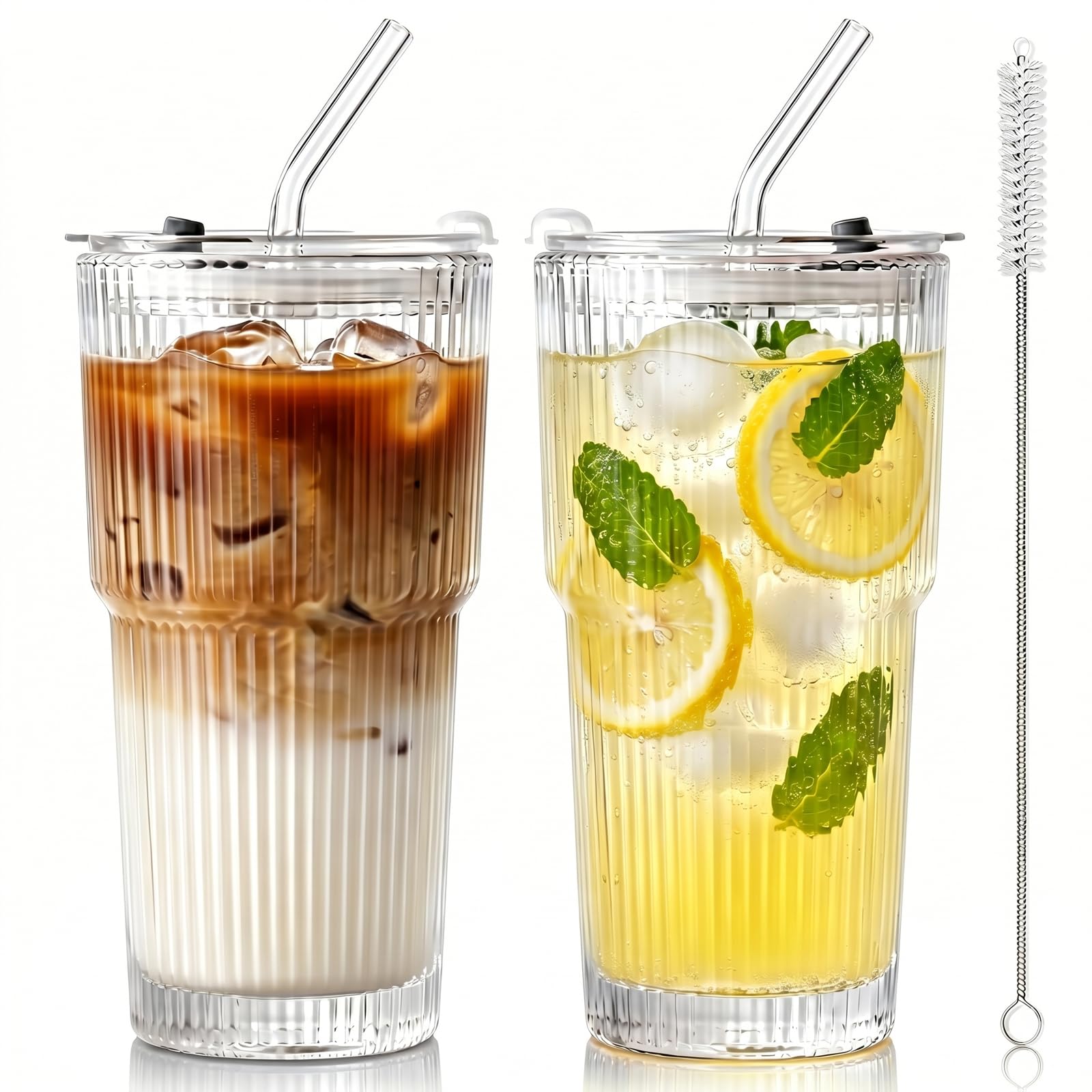 hosck 2 Pack Iced Coffee Cups with Lids, 20oz Clear Glass Tumbler with Straw and Lid, Dishwasher Safe & Leak Proof Drinking Glasses Set, Stylish Ribbed Glass Cups for Coffee Juice Tea Matcha Cocktail
