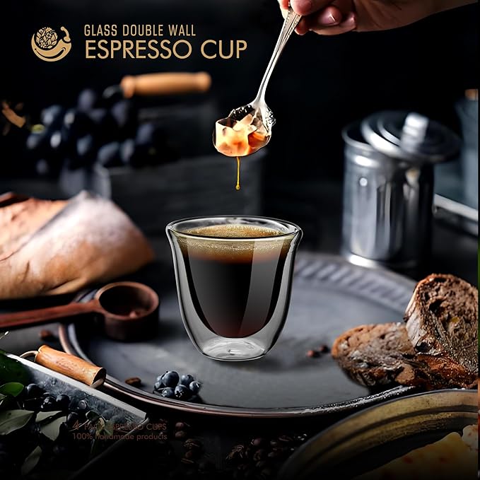 Double Wall Insulated Espresso Cups Set of 4-3oz Borosilicate Glass, Heat & Thermal Shock Resistant, Keeps Hands Cool, for Home, Cafe, Gift