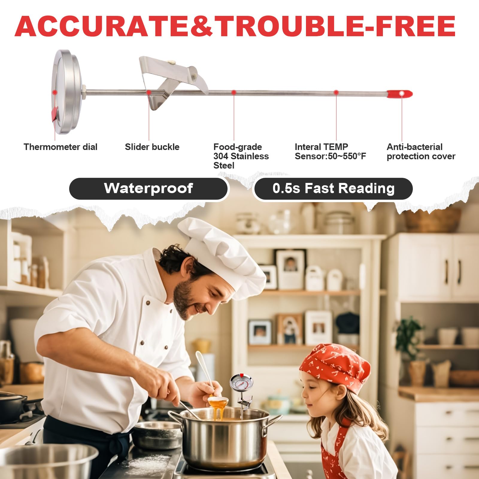 Telead Candy Thermometer Waterproof IP67 - Oil Thermometer for Frying with Clips - 9" Side of Pot Thermometer Deep Fry for Oil Candy Candle BBQ - Silver