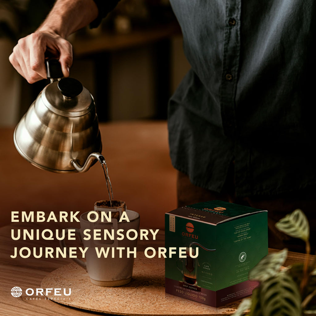 ORFEU - Specialty Coffee Intense - Drip Sachet - Arabica, Dark Roast, Notes of Toasted Caramel & Fruit Jam - Low Acidity - 10 Units (3.52 oz / 100g)