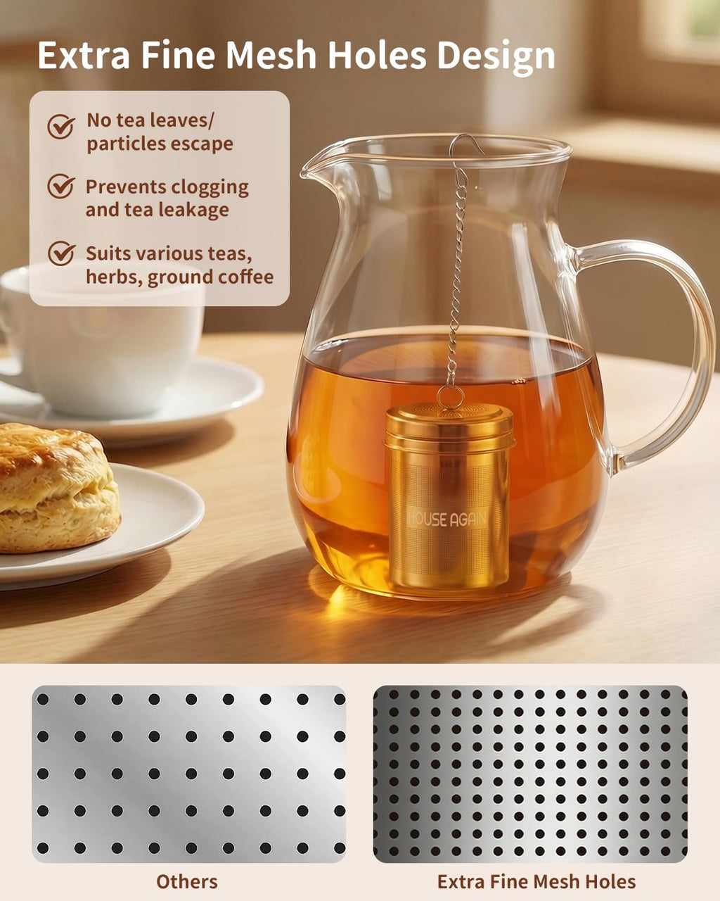 HOUSE AGAIN Tea Infuser (2 Pack, Large + Small), Extra Fine Mesh Tea Strainers for Loose Tea, 18/8 Stainless Steel Tea Strainer with Extended Chain Hook, Tea Steeper