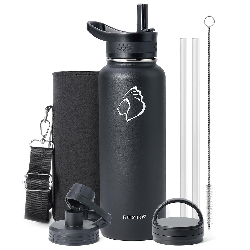 BUZIO 40oz Insulated Stainless Steel Water Bottle with Straw & 3 Lids