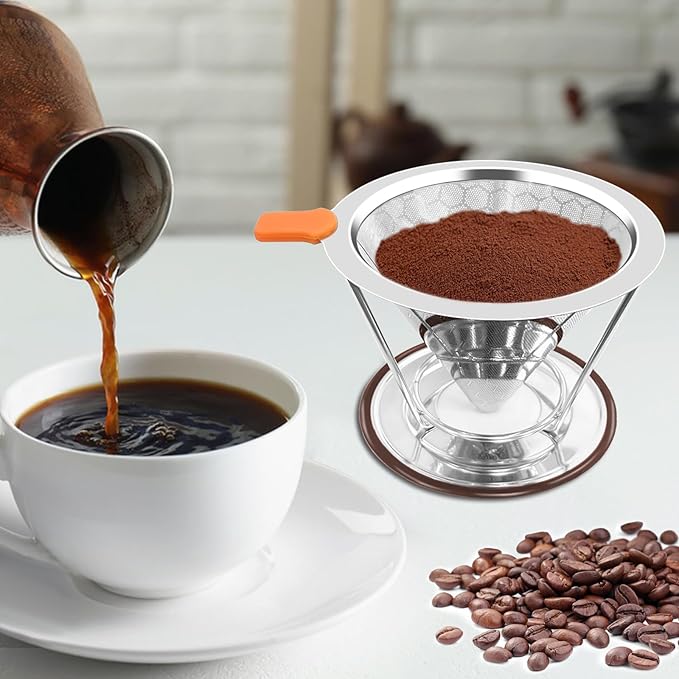 Pour Over Coffee Dripper, Paperless Pour Over Coffee Filter, Reusable Pour Over Coffee Maker Set, Dual-Layer Stainless Steel Cone Filter, Detachable Dripper Stand, Single Cup Brewer 1-2 Cup