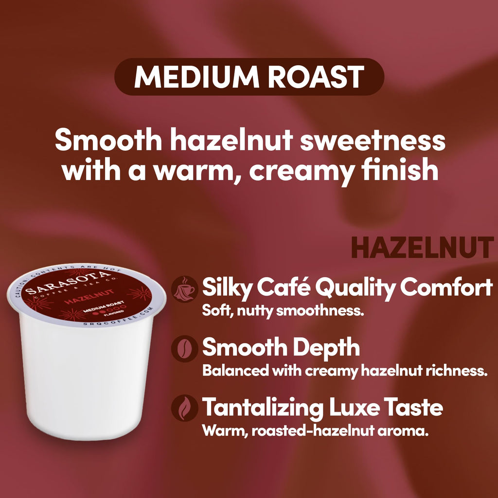 Sarasota K-Cup Coffee Pods | Medium Roast Flavored Coffee | Hazelnut | Single Serve for Keurig Brewers | Gourmet, Low Acid, Mold Free | 24 Count