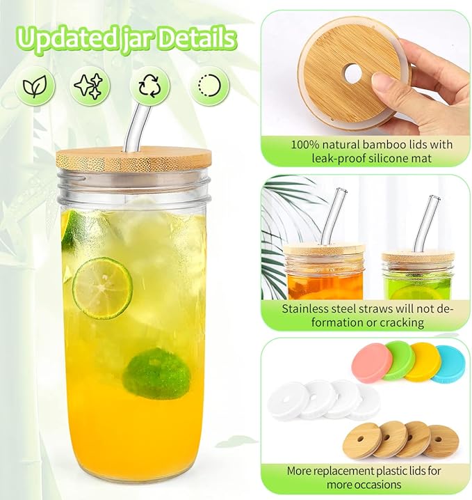 4-Pack 24oz Glass Cups with Lids and Straws - Wide Mouth Mason Jars, 12 Lids (Bamboo/Plastic) & 8 Straws - Reusable Tumblers for Smoothies, Iced Coffee