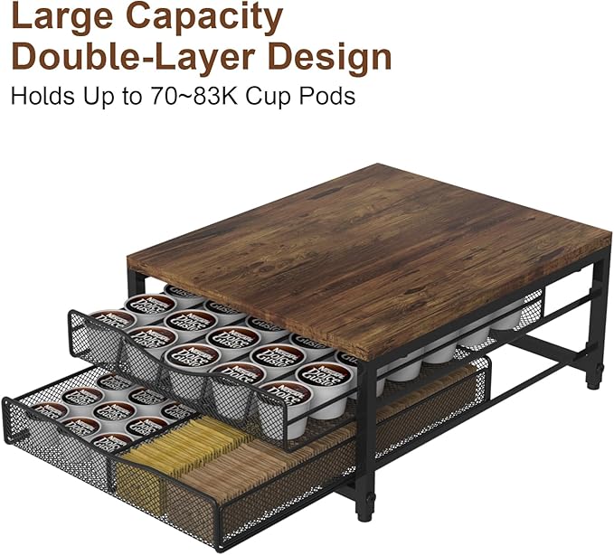 VyGrow Coffee Pod Holder For Counter, Wooden K Cup Holder with Double Layer Sliding Drawer, Large Capacity Coffee Pod Storage for Coffee Station, Home, Office, Kitchen