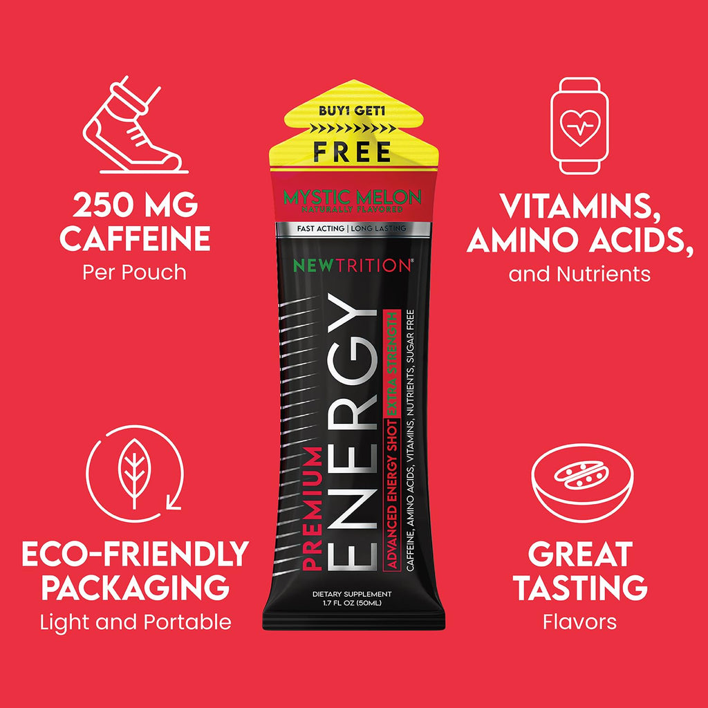 NewTrition® Extra Strength Energy Shots, 1.7 fl oz - 250mg Caffeine with Vitamin B & Amino Acids, Sugar-Free, Zero Calorie Vitamin Energy Drink for Focus & Endurance (Pack of 12, Mystic Melon)
