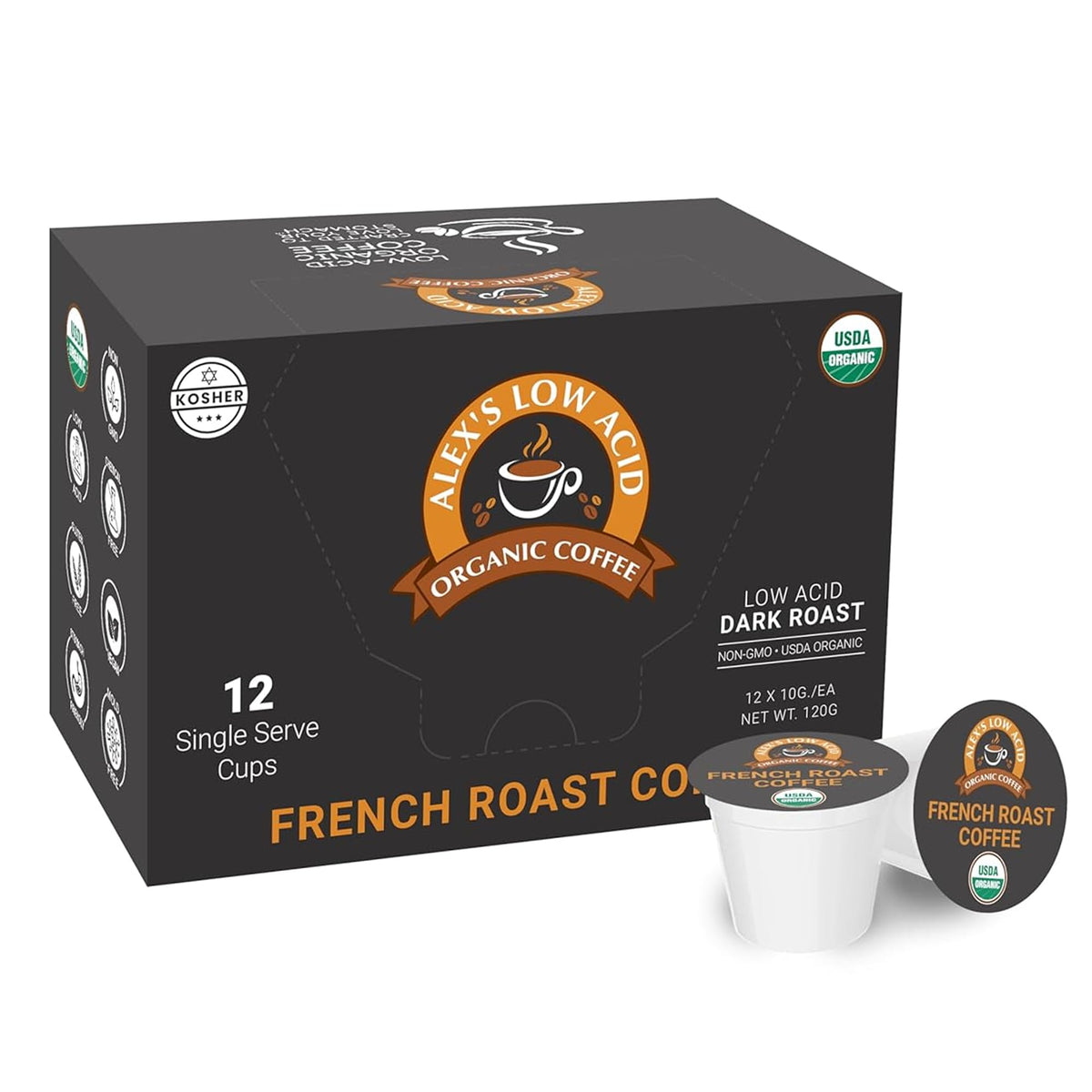 Alex’s Low Acid French Roast Organic Coffee Pods, Pack of 12 K-Cups