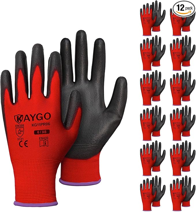 KAYGO Safety Work Gloves PU Coated for women, 12 Pairs Seamless Knit Glove with Polyurethane Coated Smooth Grip on Palm and Fingers, Ideal for General Duty Work, KG11P (XS, Red)