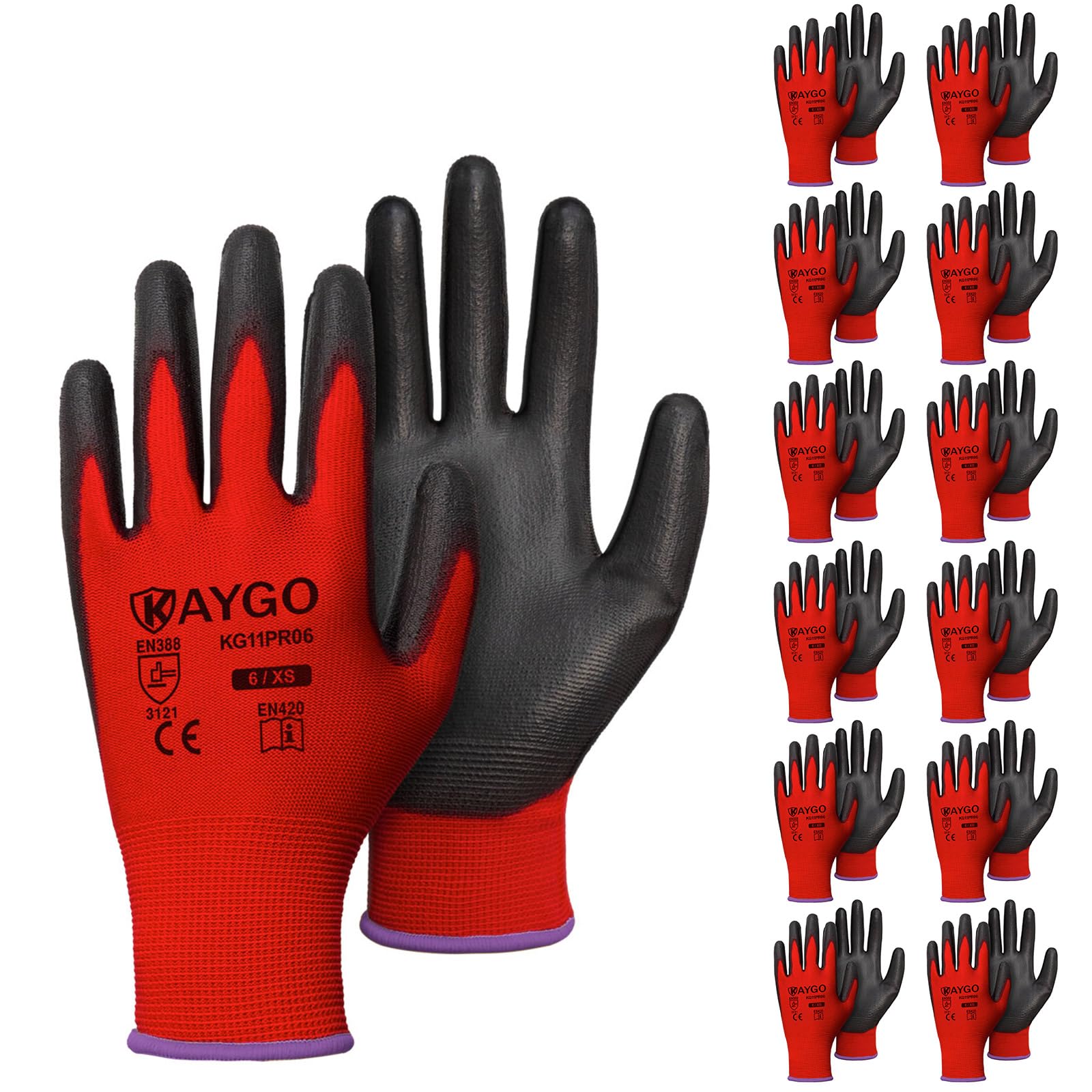 KAYGO Safety Work Gloves for Men Women, PU Coated Palm & Fingers, KG11P