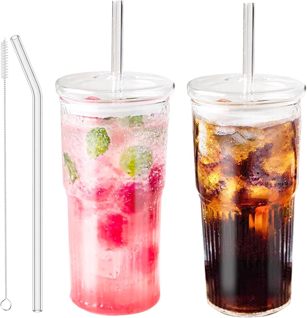 JunVpic Glass Tumbler with Straw and Lid, 20 OZ Clear Iced Coffee Glasses Cups for Ice Water, Juice, Tea, Milk, Smoothie and Cold or Hot Drinks, Set of 2