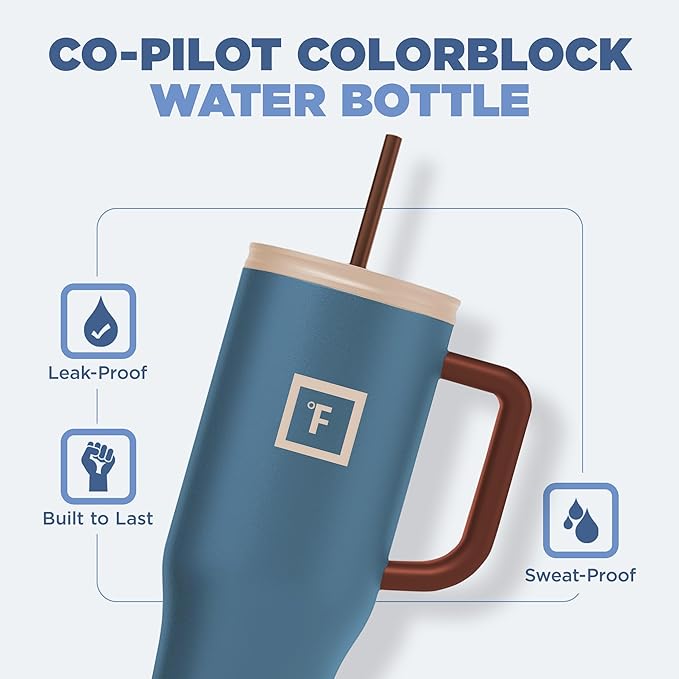 IRON °FLASK Co-Pilot Insulated Mug w/Boot, Straw & Flip Cap Lids - Cup Holder Bottle for Hot, Cold Drink - Leak-Proof - Water, Coffee Portable Travel Mug - Azure Mist, 40 Oz
