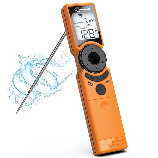Thermochef Digital Meat Thermometer for Grill, Instant Read Food Thermometers for Cooking with Food Doneness Guide, Calibration and LCD Backlight Screen, High Accuracy ±1% ℉, BBQ Beef Candy Orange