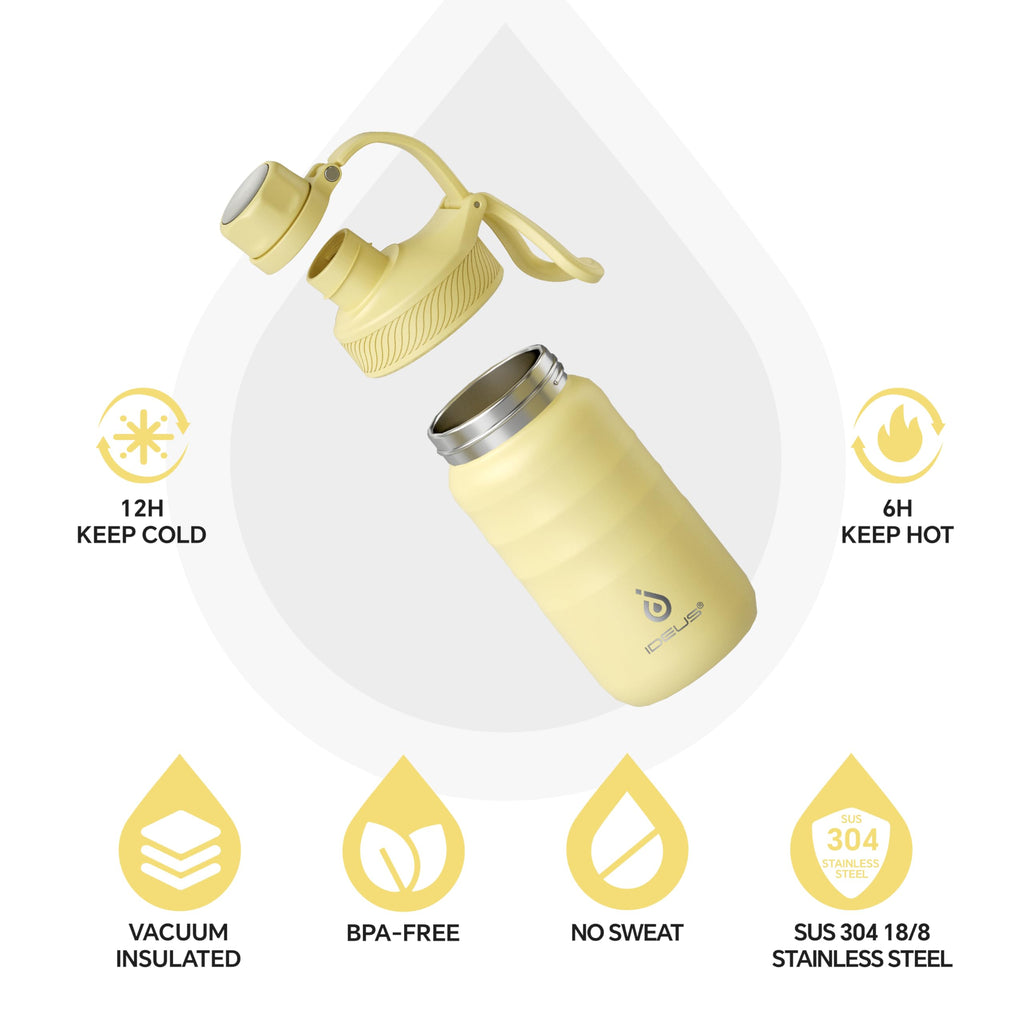 IDEUS Insulated Water Bottle 12oz, Stainless Steel Insulated Water Bottle For School, Insulated Bottles With Straws Leakproof, Vacuum Double Wall Water Bottles For Boys And Girls With 2 Lids, BPA Free