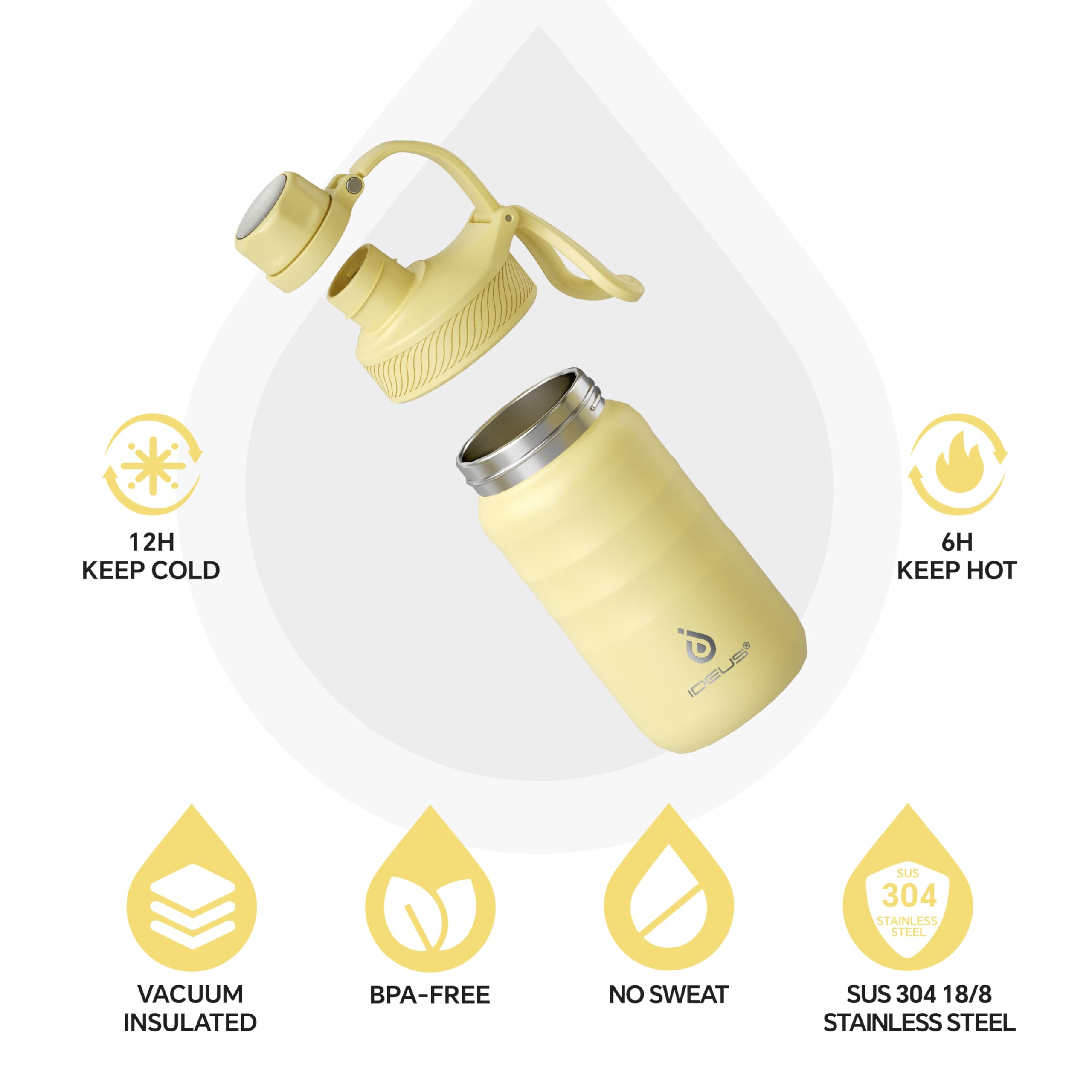 IDEUS Insulated Water Bottle 12oz, Stainless Steel Insulated Water Bottle For School, Insulated Bottles With Straws Leakproof, Vacuum Double Wall Water Bottles For Boys And Girls With 2 Lids, BPA Free