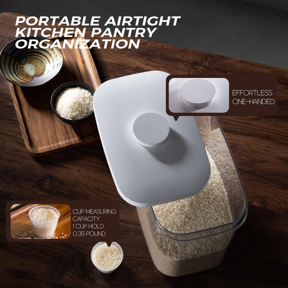 LivLab Rice Container 20-25 Lbs - Airtight with Measuring Cup, PET BPA-FREE