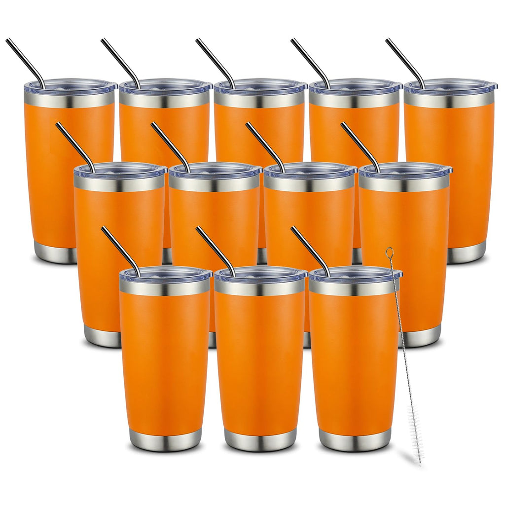COMOOO 20oz Double Wall Vacuum Insulated Travel Mug Bulk Stainless Steel Tumbler with Lid and Straw Durable Powder Coated Insulated Coffee Cup for Cold & Hot Drinks (Orange, 12 pack