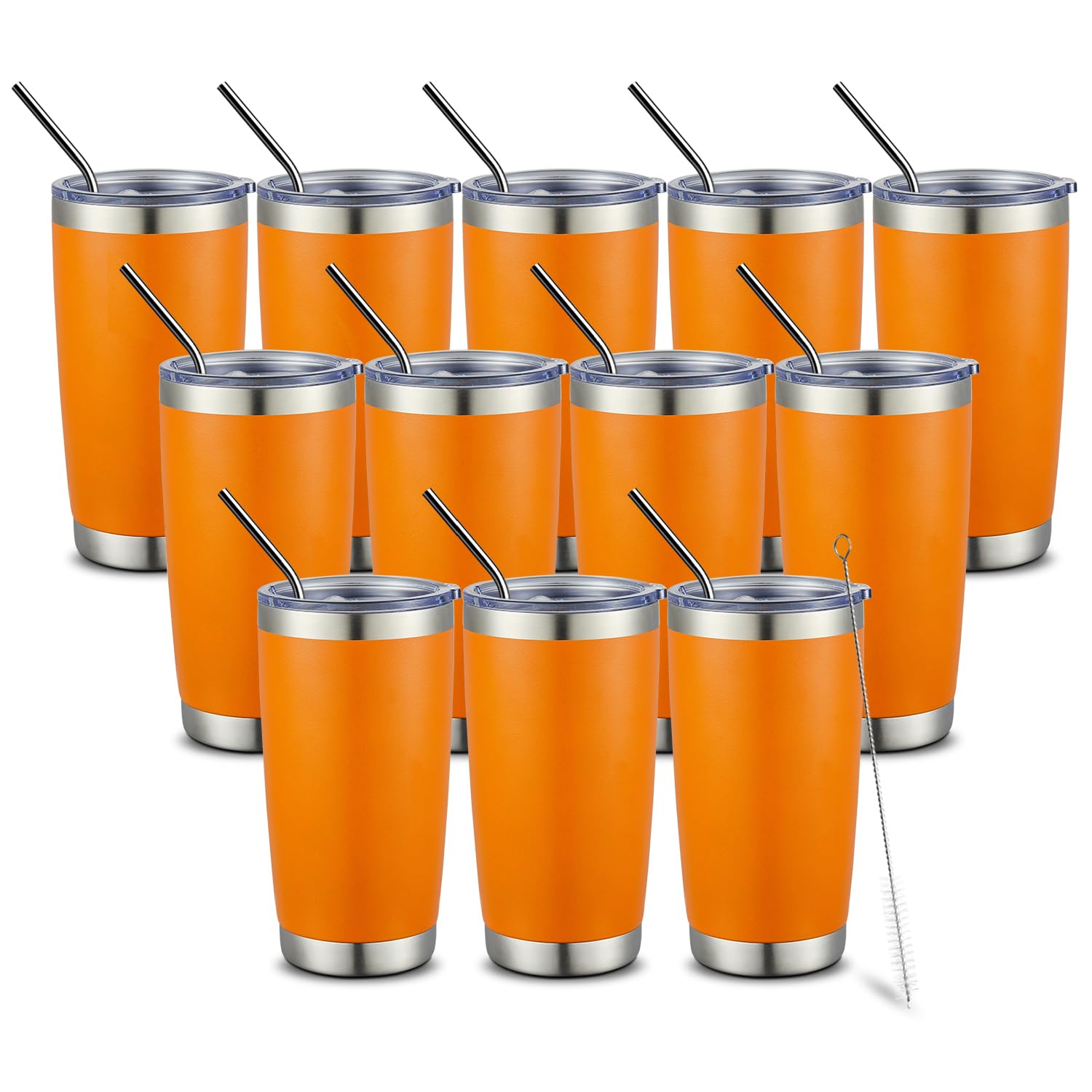 COMOOO 20oz Double Wall Vacuum Insulated Travel Mug Bulk Stainless Steel Tumbler with Lid and Straw Durable Powder Coated Insulated Coffee Cup for Cold & Hot Drinks (Orange, 12 pack