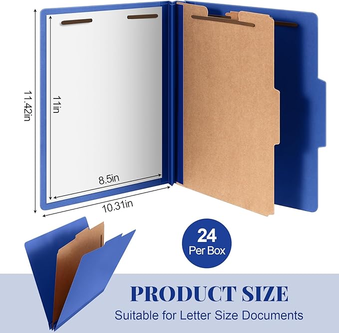 24 Pcs Classification Folders Letter Size, Back to School Supply for Teacher, Student, 1 Divider Pressboard File Folder Bulk with 2 Fasteners, 3.5 Inch Expanding File Organizer (Dark Blue)