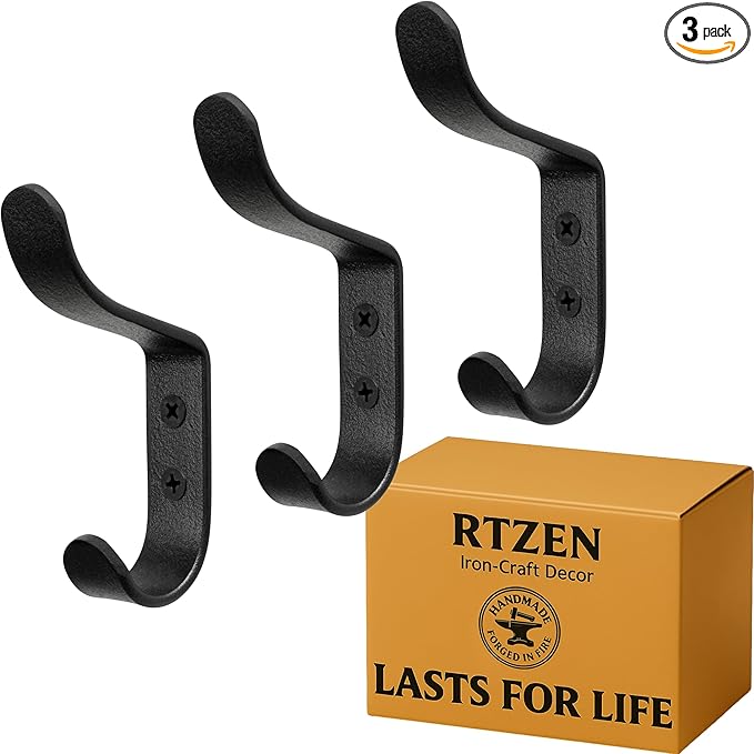 RTZEN Wall Mount Hook Set - Wrought Iron Decorative Rustic Metal Coat Hooks for Hanging - Handcrafted Classic Farmhouse Wall Mounted Black Hooks for Towel Robe or Hat Hanging - 3 Pack