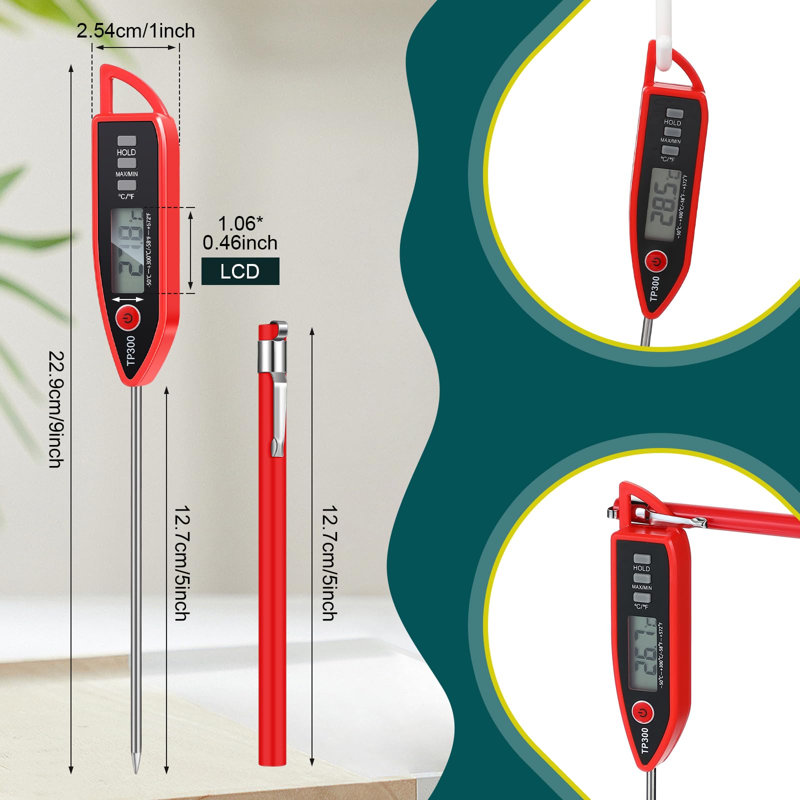 Copkim 6 Set Waterproof Food Thermometer for Water, Liquid, Candle and Cooking Digital Meat Thermometer with Long Probe Instant Read for Kitchen BBQ Grill Candy (Red)