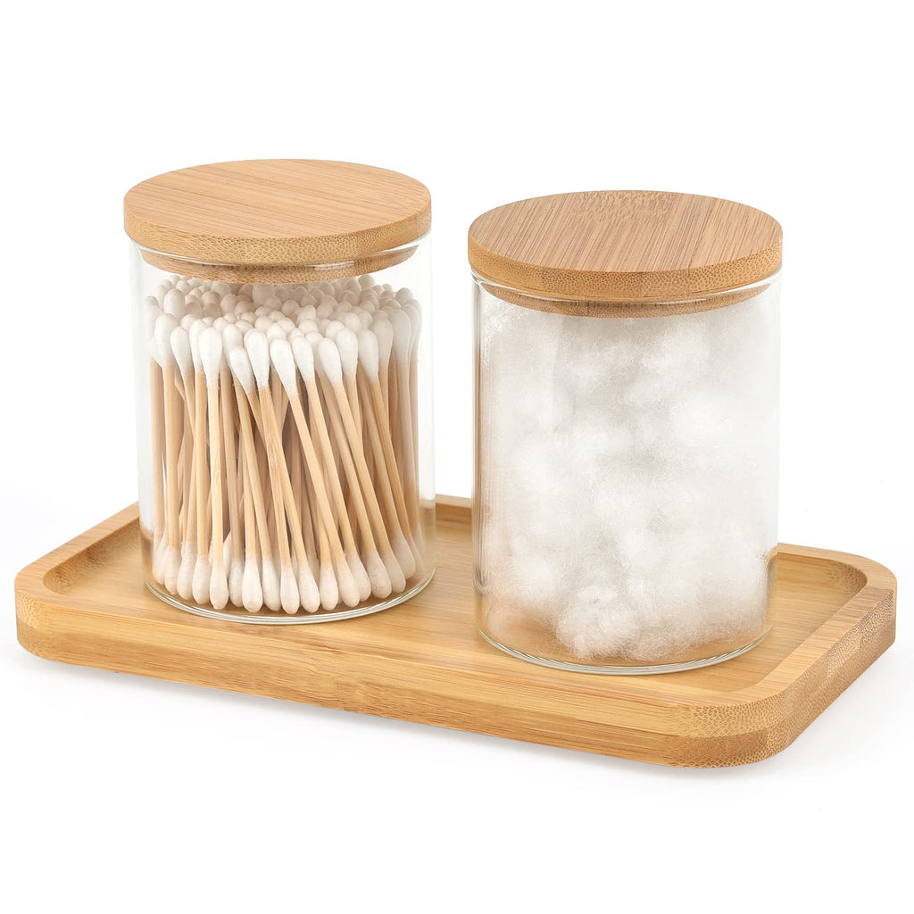 BKYFPQ Glass Qtip Holder Dispenser with Bamboo Vanity Tray