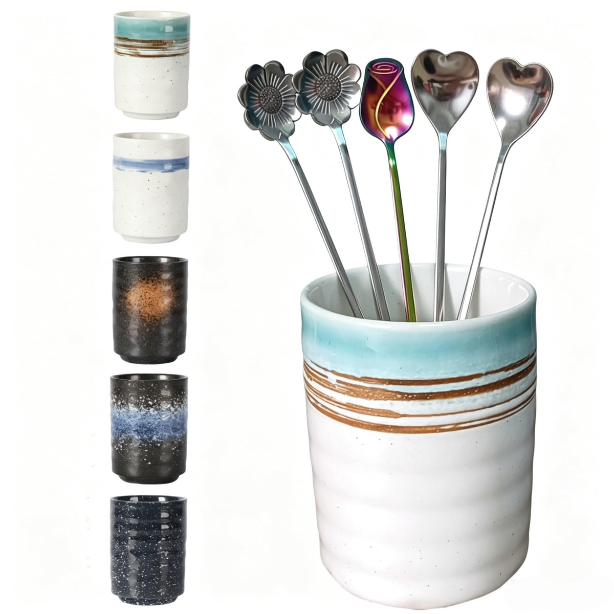 TOPYOKK Stoneware Coffee Bar Utensil Holder Tea & Coffee Spoon & Stirrer Holder for Stir Stick Straw Teaspoon Holder Espresso Spoon Cup Small Utensil Jar (Snow night)