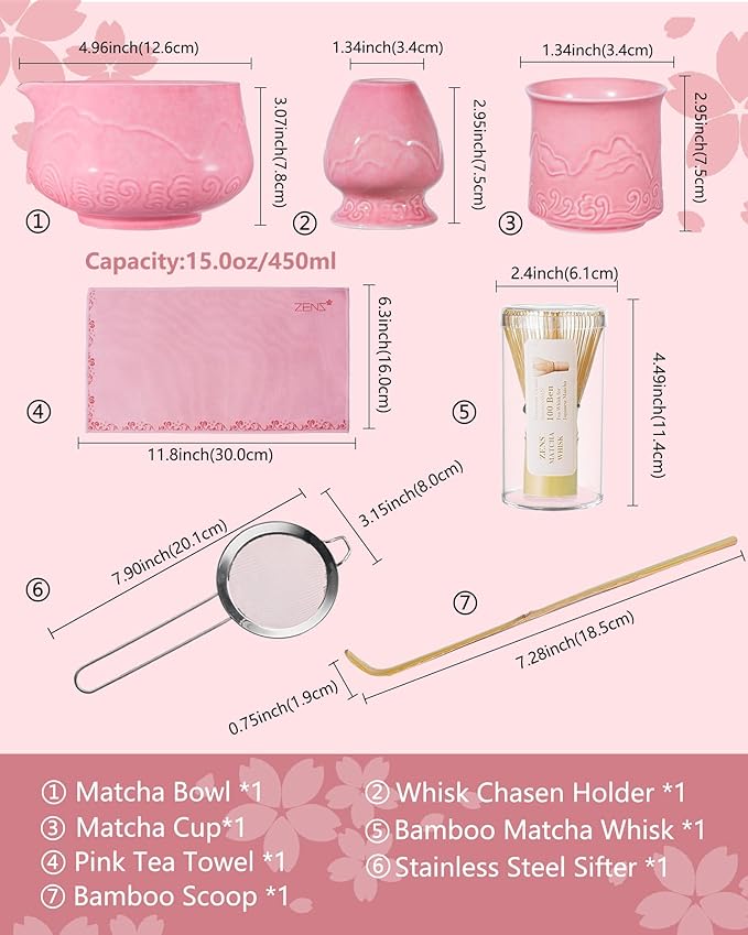 ZENS Pink Matcha Set, Matcha Whisk Set Includes 15oz Ceramic Bowl and Matcha Cup for Bamboo Whisk, (Chasen Holder), Scoop, Sifter and Tea Towel, 7pcs Matcha Kit for Matcha Lovers