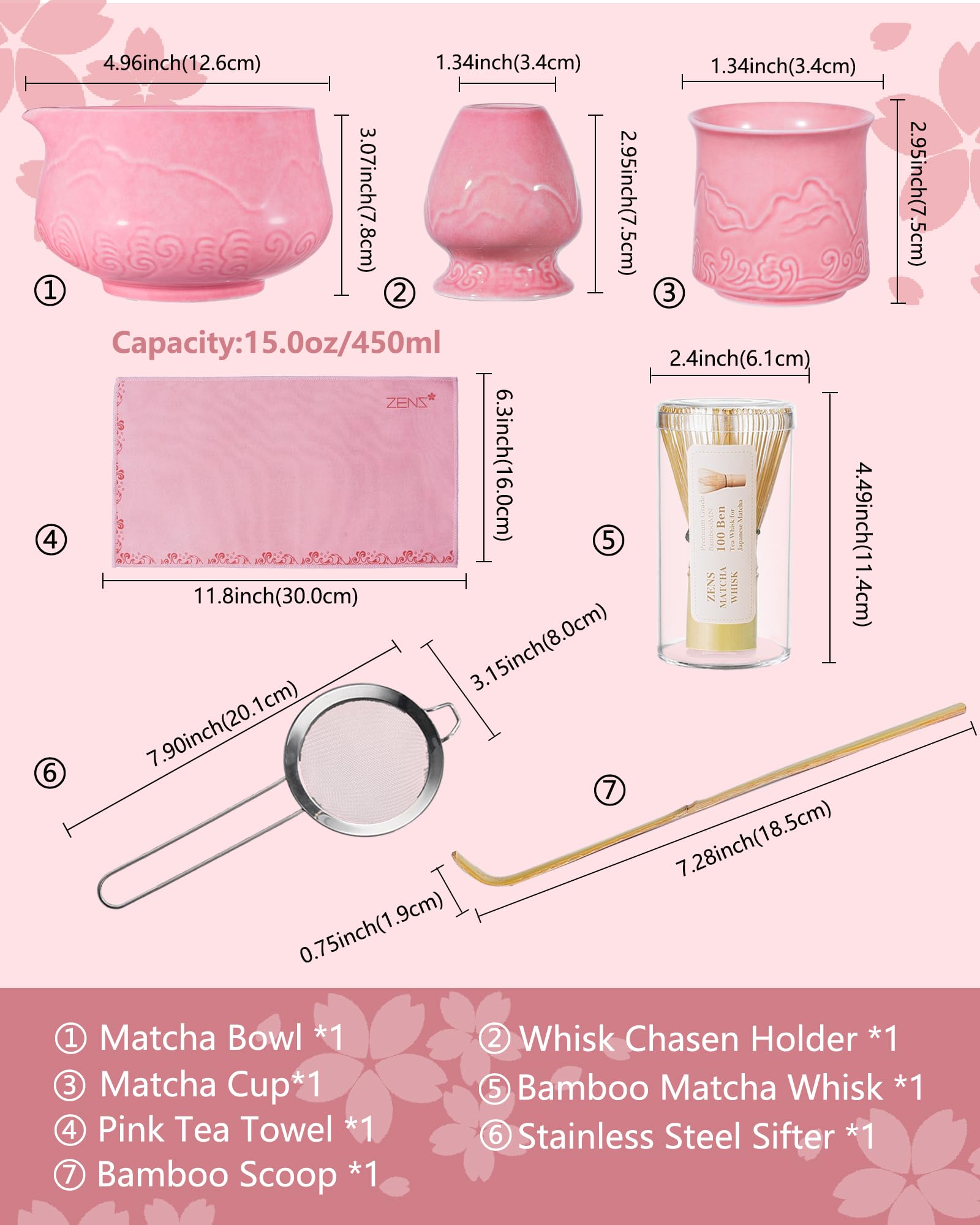 ZENS Premium Matcha Whisk Set with Blooming Cup, 7pcs Matcha Set, Pink