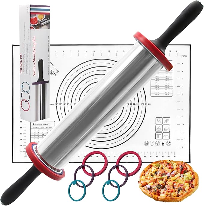 Rolling Pins,Rolling Pin and Silicone Baking Pastry Mat Set,Rolling Pins,Adjustable Stainless Steel Rolling Pin with Thickness Rings for Baking Dough,Pizza,Pie,Pasta(Black Mat)