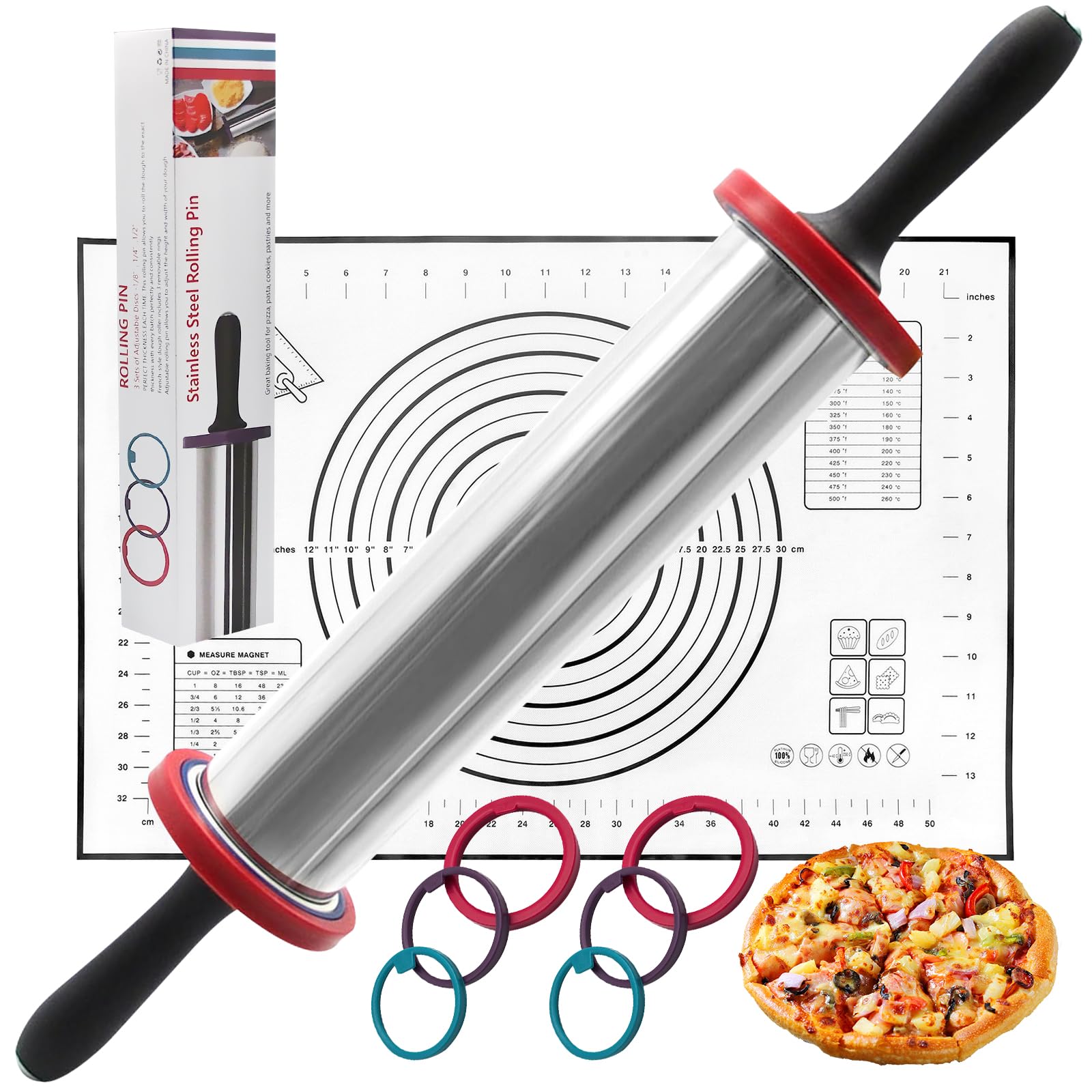 AGIgear Rolling Pins,Rolling Pin and Silicone Baking Pastry Mat Set